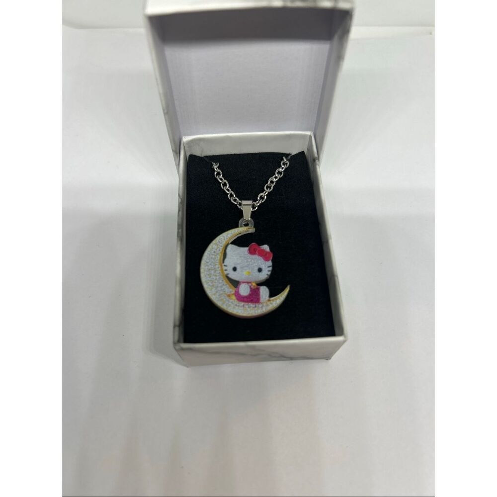 Hello Kitty Moon Necklace Kawaii Pendant Silver Tone Cute Gift